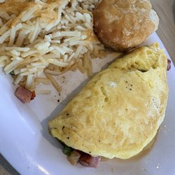 Huddle House - Western Omelet, hash browns, and a biscuit.