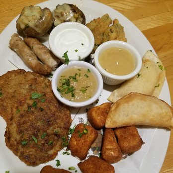 Munich Haus - Munich sampler - clock wise potato pancakes, nurnberger sausage, mushroom caps, fried pickles, pierogi, fried cheese apl sas, sr crm & mstrd - German Near Me - Chicopee, Massachusetts Munich Haus - Munich sampler - clock wise potato pancakes, nurnberger sausage, mushroom caps, fried pickles, pierogi, fried cheese apl sas, sr crm & mstrd - German Near Me - Chicopee, Massachusetts