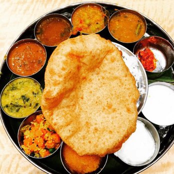 Saravana Bhavan - South Indian Thali; Poori on top of rice! - Indian Near Me - Edison, New Jersey