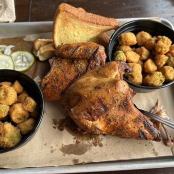 Mac's Speed Shop - 1/2 chicken, dry rub with fried okra - Barbeque Near Me - Greensboro, North Carolina Mac's Speed Shop - 1/2 chicken, dry rub with fried okra - Barbeque Near Me - Greensboro, North Carolina