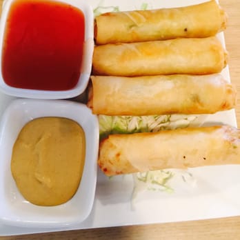 Miyo's - Vegetable Spring Rolls with sweet & sour and mustard sauces. - Chinese Near Me - Columbia, South Carolina