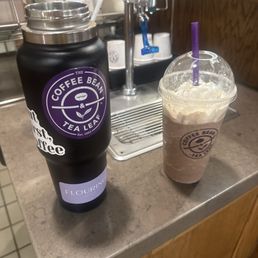 Ice blended mocha, custom coffee bean water bottle.
