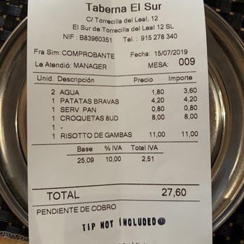 El Sur - Lunch bill, "tip not included" - Tapas Bars Near Me - Madrid, M