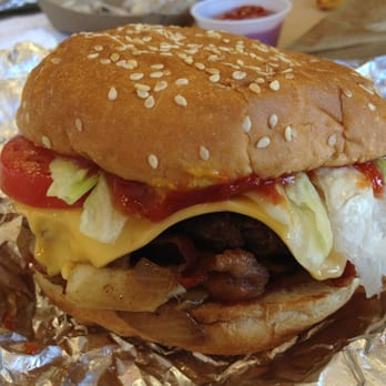 Five Guys - Little bacon burger with ketchup mustard lettuce tomato and grilled onions - Burgers Near Me - Studio City, California Five Guys - Little bacon burger with ketchup mustard lettuce tomato and grilled onions - Burgers Near Me - Studio City, California