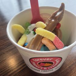 Forever Yogurt - Cotton candy frozen yogurt and a brown one with marshmallow sauce, gummy worms, and strawberry popping boba