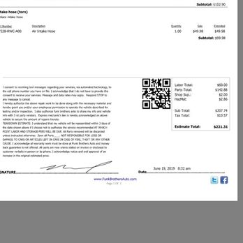 Funk Bros Auto - The estimate. Hose $49. Total $221 - Auto Repair Near Me - Los Angeles, California Funk Bros Auto - The estimate. Hose $49. Total $221 - Auto Repair Near Me - Los Angeles, California