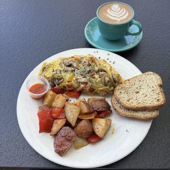 Foreigner - Denver Omelette with added mushrooms and no cheese, gluten free bread and a cappuccino with oat milk - Breakfast & Brunch Near Me - San Mateo, California