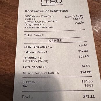 Kontentsu - Bill w out tip - Ramen Near Me - Glendale, California