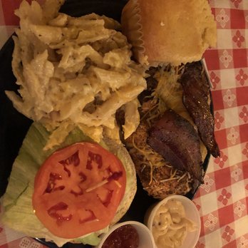 Fat Bob's Smokehouse - Chicken sandwich with bacon and cheddar cheese, Mac and cheese, cornbread - Barbeque Near Me - Buffalo, New York