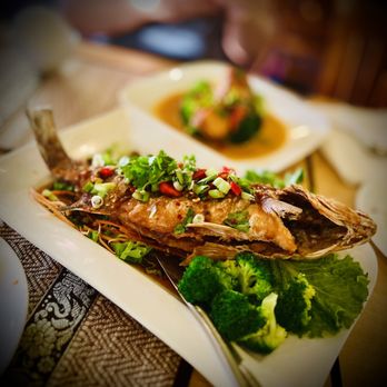 Viman Thai Cuisine - Crispy Striped Bass in Sweet Garlic Basil Sauce - Thai Near Me - Folsom, Pennsylvania Viman Thai Cuisine - Crispy Striped Bass in Sweet Garlic Basil Sauce - Thai Near Me - Folsom, Pennsylvania
