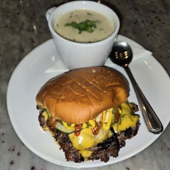 Revelry - Smashed burger with potato soup. - Wine Bars Near Me - Bozeman, Montana Revelry - Smashed burger with potato soup. - Wine Bars Near Me - Bozeman, Montana