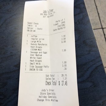 Jody's Diner - The Bill not to bad at all especially for the top rate service. - Diners Near Me - Evanston, Wyoming Jody's Diner - The Bill not to bad at all especially for the top rate service. - Diners Near Me - Evanston, Wyoming