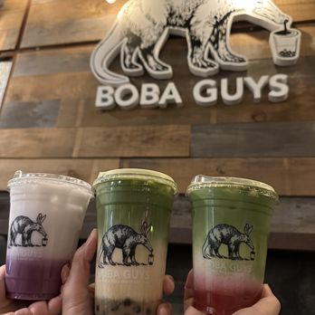 Boba Guys - Left: Ube latte & Right: Strawberry Matcha Latte - Bubble Tea Near Me - Costa Mesa, California