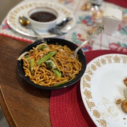 Bamboo Garden Chinese Restaurant - 37 vegetable Lo Mein, small -mushrooms +onion +spicy