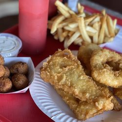Alaskan Fish & Chips - 3 Fish and 3 Shrimp combo with chips and hushpuppies. Plenty to share.