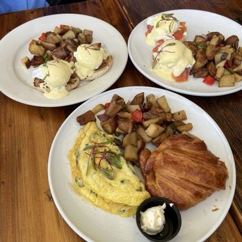 Sunny Side Solana - Top Left: Short Rib Benedict Top Right: Salmon Benedict Bottom: Herb & Mushrooms Omelette - Breakfast & Brunch Near Me - Solana Beach, California Sunny Side Solana - Top Left: Short Rib Benedict Top Right: Salmon Benedict Bottom: Herb & Mushrooms Omelette - Breakfast & Brunch Near Me - Solana Beach, California