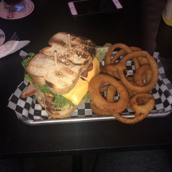 Moe & Curly's - Club Sandwich with Onion Rings - Karaoke Near Me - Omaha, Nebraska
