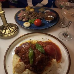 Braised short ribs and rib eye steak.