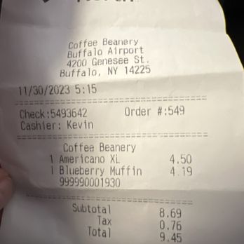 Coffee Beanery - Take Out Only - Wrong prices on receipt! - Coffee & Tea Near Me - Buffalo, New York