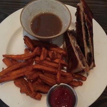 Burtons Grill & Bar - Short rib grilled cheese, au jus, and sweet potato fries - New American Near Me - Charlottesville, Virginia Burtons Grill & Bar - Short rib grilled cheese, au jus, and sweet potato fries - New American Near Me - Charlottesville, Virginia