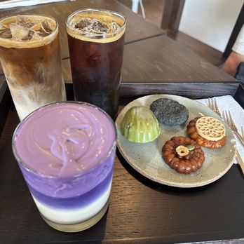 Cheongsu - Black Sesame Madeline, and 3  different types of Yakgwa, Ube Cold Foam Latte, Ice Amer. & Iced Cafe Latte - Coffee & Tea Near Me - Fort Lee, New Jersey