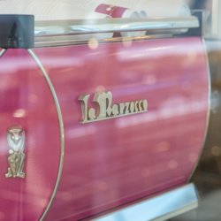 Hot pink La Marzocco GB5 makes the best espresso drinks!