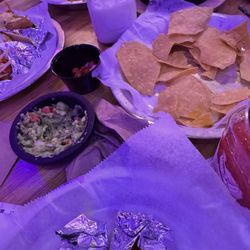 Zandra's Taqueria - Guac, chips, two tacos