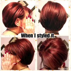 Trio Hair Studio - This is after I washed & styled it once I got home. Took me a freaking hour because the hair is not cut right so it doesn't fall correctly.