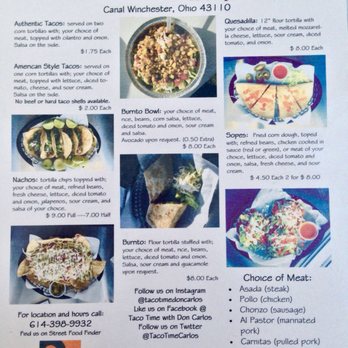 Taco Time with Don Carlos - Menu 1 on 07/2017 - Food Trucks Near Me - Canal Winchester, Ohio Taco Time with Don Carlos - Menu 1 on 07/2017 - Food Trucks Near Me - Canal Winchester, Ohio