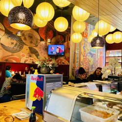 Nippon Sushi - Gorgeous space. Love the japanese mural & ballon lights. Very festive.