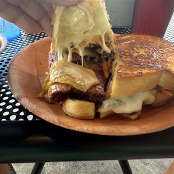 Half Liter Beer & BBQ Hall - Pastrami Kimchi Melt on toasted white bread with Swiss cheese and mayo - Bars Near Me - Indianapolis, Indiana Half Liter Beer & BBQ Hall - Pastrami Kimchi Melt on toasted white bread with Swiss cheese and mayo - Bars Near Me - Indianapolis, Indiana