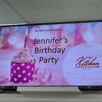 AJ's Kitchen Drawer - Love that they customized this on the tv for my friend's birthday - Cooking Classes Near Me - Tampa, Florida AJ's Kitchen Drawer - Love that they customized this on the tv for my friend's birthday - Cooking Classes Near Me - Tampa, Florida