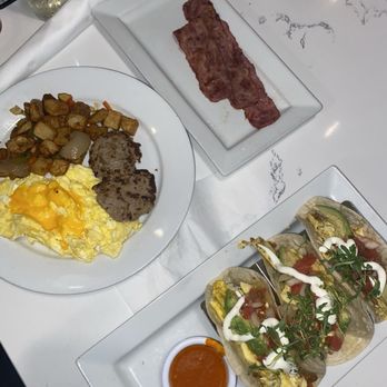 JAM Eateries - Breakfast Tacos Turkey bacon Breakfast Griddle (waffle not pictured, Turkey sausage, home fries and eggs) - Breakfast & Brunch Near Me - Ellicott City, Maryland