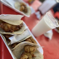 Tacos Fénix - How it stared ...( fish & shrimp tacos featuring horchata in the background)