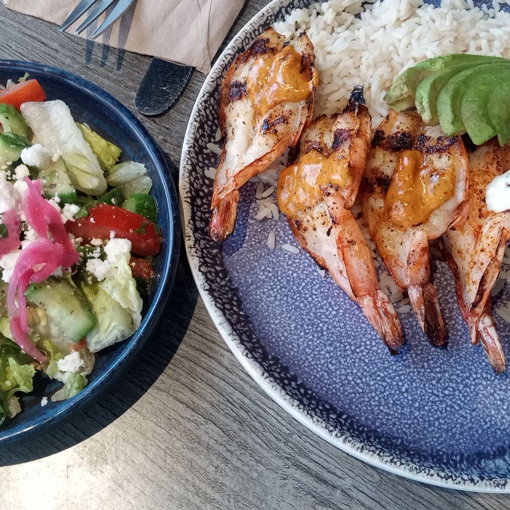 California Fish Grill - Grilled shrimp with rice and salad. - Seafood Near Me - San Diego, California California Fish Grill - Grilled shrimp with rice and salad. - Seafood Near Me - San Diego, California