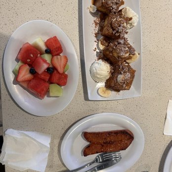 Kitch Cafe - Banana French Toast (cream inside, w/ cinnamon bits and whipped cream on the side) + the Sausage + Fruit - Breakfast & Brunch Near Me - Fullerton, California