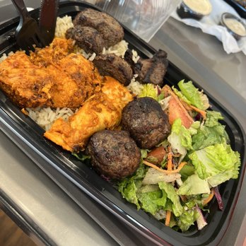 Kabab City - Chicken and beef plate with a side of kufta. - Mediterranean Near Me - Merced, California