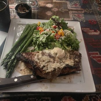 Larrupin Cafe - New York steak, truffle butter gorgonzola, sauce, amazing salad with balsamic and seasonal vegetables for summer asparagus - Seafood Near Me - Trinidad, California Larrupin Cafe - New York steak, truffle butter gorgonzola, sauce, amazing salad with balsamic and seasonal vegetables for summer asparagus - Seafood Near Me - Trinidad, California