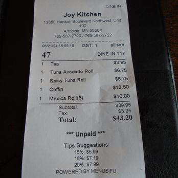 Joy Kitchen - Final tab. - Asian Fusion Near Me - Andover, Minnesota