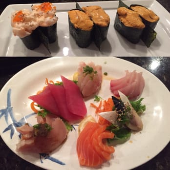 Yagumo Sushi - Scallop, and two uni nigiri Sashimi plate. Really good! - Sushi Bars Near Me - Van Nuys, California Yagumo Sushi - Scallop, and two uni nigiri Sashimi plate. Really good! - Sushi Bars Near Me - Van Nuys, California