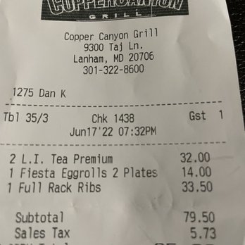 Copper Canyon Grill - Receipt - American Near Me - Lanham, Maryland