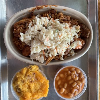 Big Black Grill - Pulled chicken bowl with dirty rice and apple coleslaw. Sides are sweet potato casserole and baked beans. - Barbeque Near Me - New Stanton, Pennsylvania