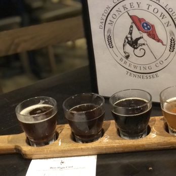 Monkey Town Brewing & Restaurant - Chattanooga - Flight (L-R red ale, browning out, combing the desert, and Maibok). - Pubs Near Me - Chattanooga, Tennessee Monkey Town Brewing & Restaurant - Chattanooga - Flight (L-R red ale, browning out, combing the desert, and Maibok). - Pubs Near Me - Chattanooga, Tennessee