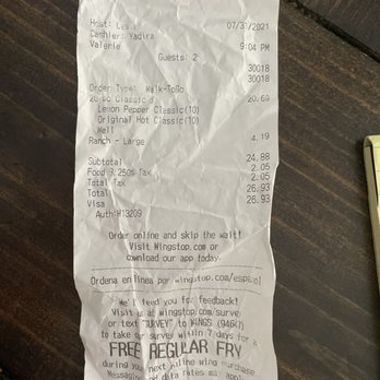 Wingstop - Kept the receipt because I thought I would get over it - Chicken Wings Near Me - Terrell, Texas