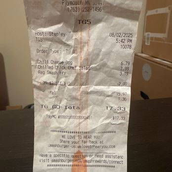 Smashburger - Receipt. - Burgers Near Me - Plymouth, Minnesota Smashburger - Receipt. - Burgers Near Me - Plymouth, Minnesota