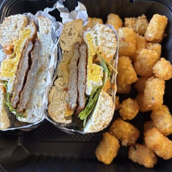The Breakfast Factory - Sausage & Eggs Bagel with Tater Tots - Breakfast & Brunch Near Me - Clovis, California