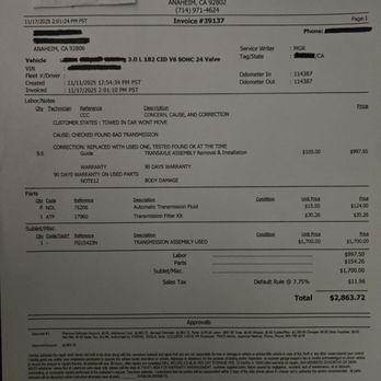 Lawrence's Auto Repair - Invoice on a damage transmission - Auto Repair Near Me - Anaheim, California Lawrence's Auto Repair - Invoice on a damage transmission - Auto Repair Near Me - Anaheim, California