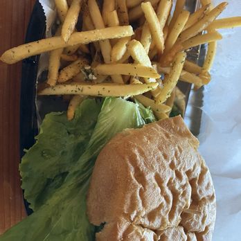 Mountain Rambler Brewery - Rambler Burger with garlic fries - New American Near Me - Bishop, California