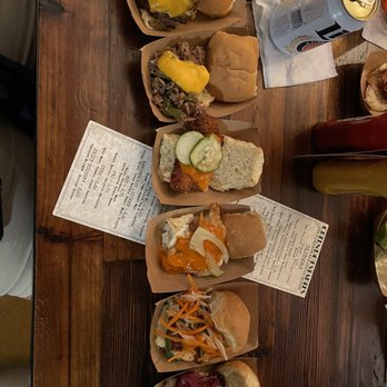Green Dot Stables - All the sliders we tried (cheeseburger, Philly, hot chicken, Buffalo chicken with blue cheese, bahn mi vegetarian and teriyaki vegetarian) - Bars Near Me - Detroit, Michigan Green Dot Stables - All the sliders we tried (cheeseburger, Philly, hot chicken, Buffalo chicken with blue cheese, bahn mi vegetarian and teriyaki vegetarian) - Bars Near Me - Detroit, Michigan