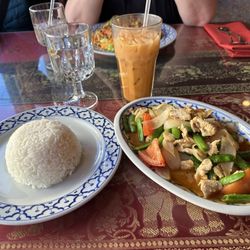 Bahn Thai Rama Restaurant - Chicken with sweet peas, medium spice and iced Thai tea